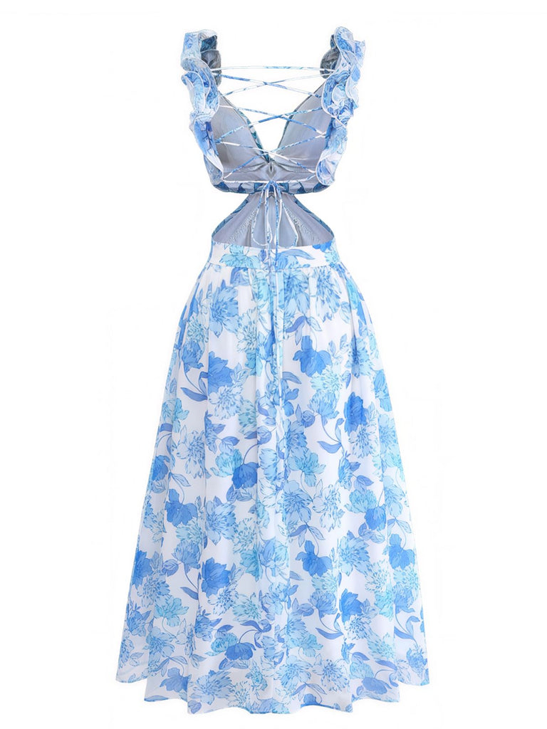 Blue 1950s Backless Dress Pleated Chiffon Dress