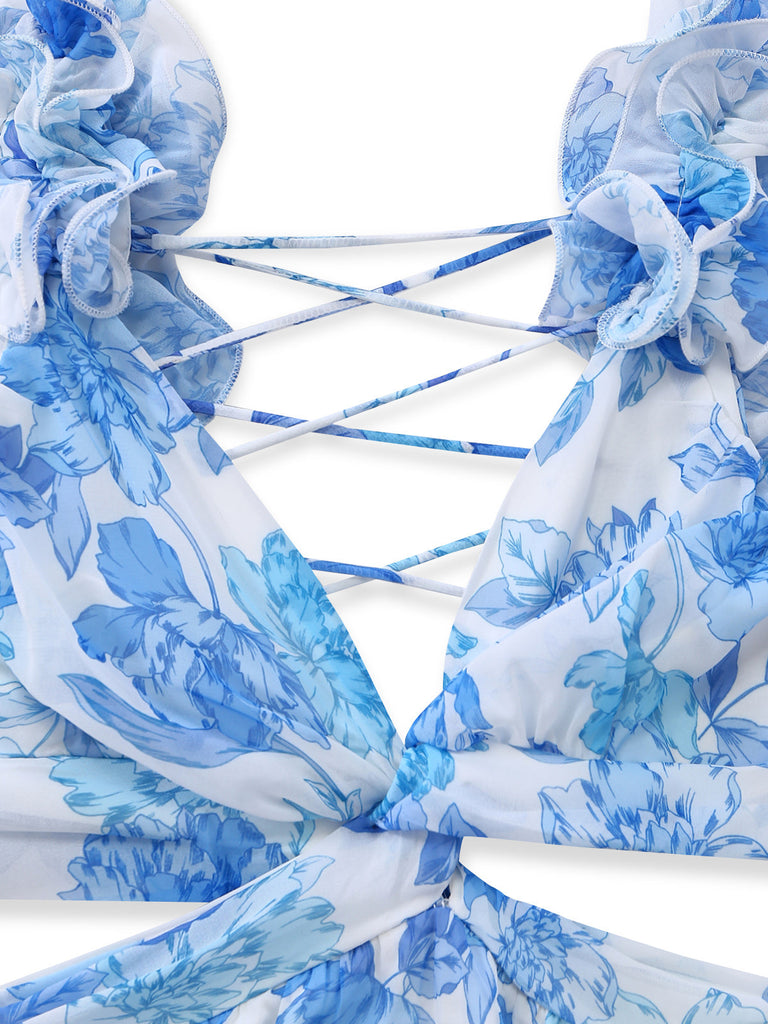 Blue 1950s Backless Dress Pleated Chiffon Dress