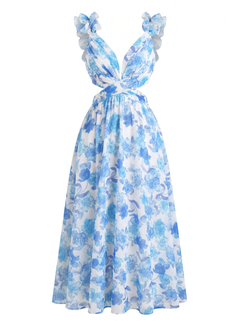 Blue 1950s Floral Print Ruffle Straps Cutout Maxi Dress | Retro Stage Blue 1950s Floral Print Ruffle Straps Cutout Maxi Dress | Retro Stage