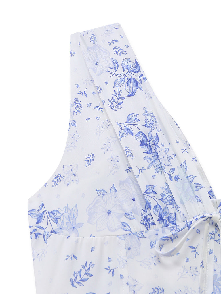 Blue 1950s Floral Deep V Sleeveless Corset Midi Dress: beautiful vintage dress, retro fashion, elegant style with timeless appeal
