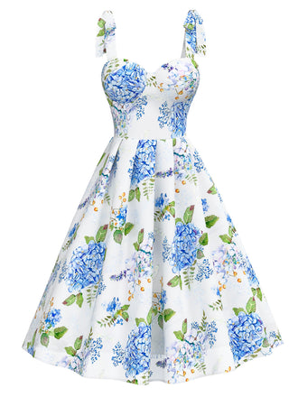 Blue Hydrangea Floral Summer Garden Party Dress | Vintage 50s Tie Strap Sweetheart Blue Hydrangea Floral Summer Garden Party Dress | Vintage 50s Tie Strap Sweetheart
