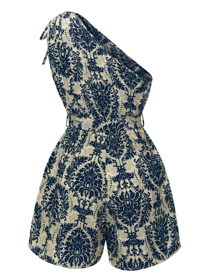 Blue 1950s Floral Print One Shoulder Romper | Retro Stage