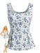 Blue 1980s Floral Square Neck Top
