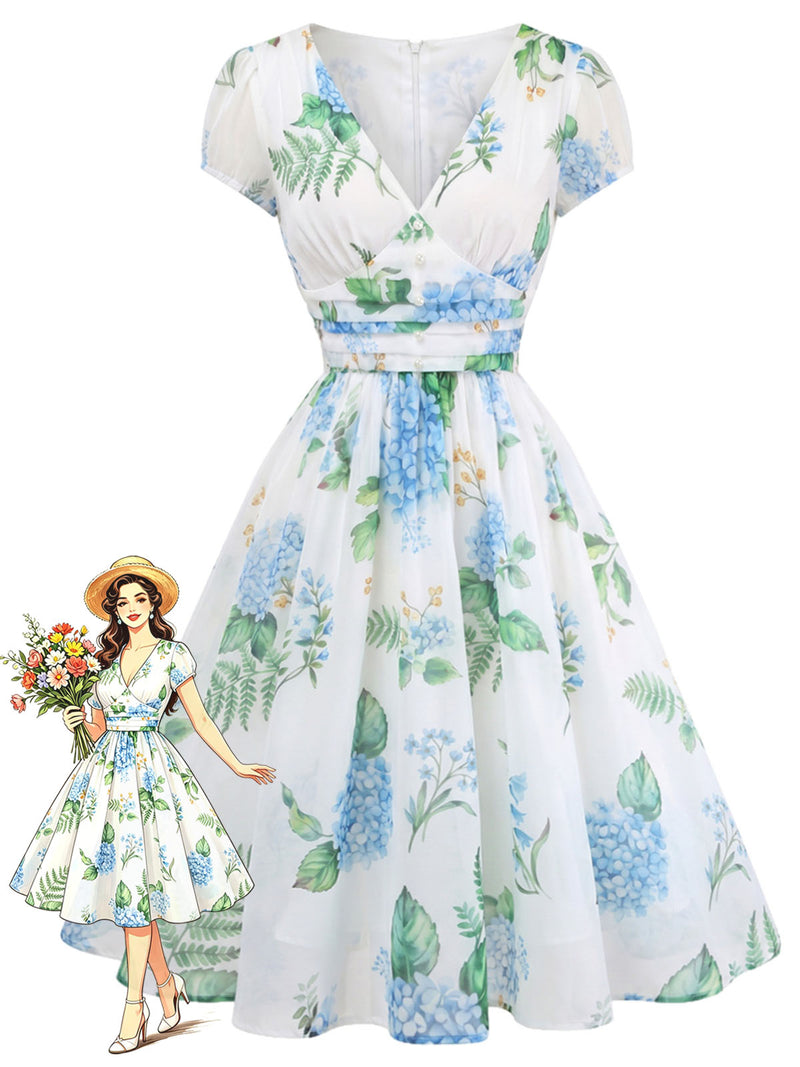 Blue 1950s Floral Print V-Neck Swing Dress