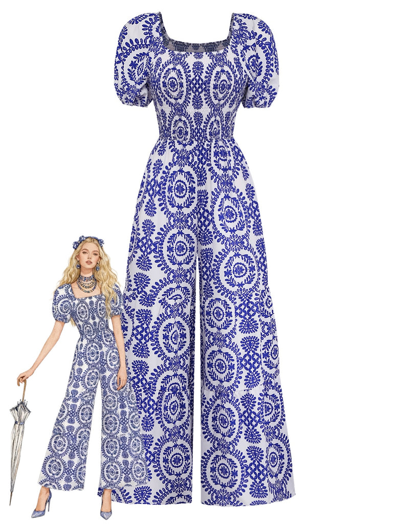 Blue 1950s Floral Vintage Classic Jumpsuit 2