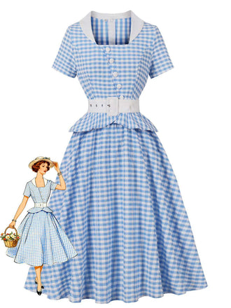 Blue 1950s Gingham Plaid Ruffle Swing Dress - vintage dress, retro fashion, rockabilly