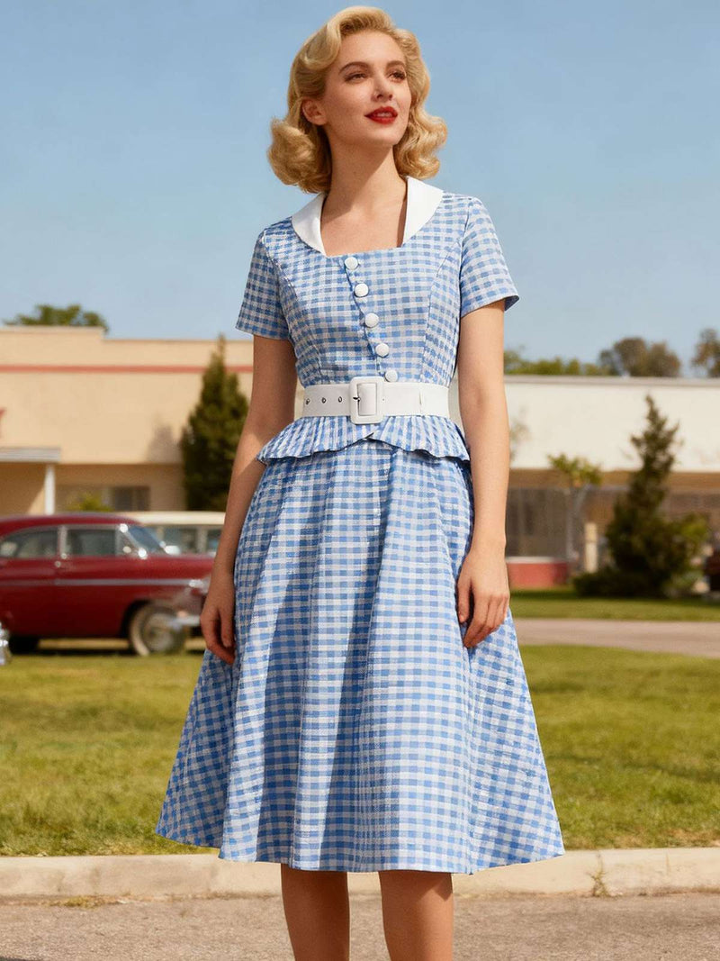 Blue 1950s Gingham Plaid Ruffle Swing Dress