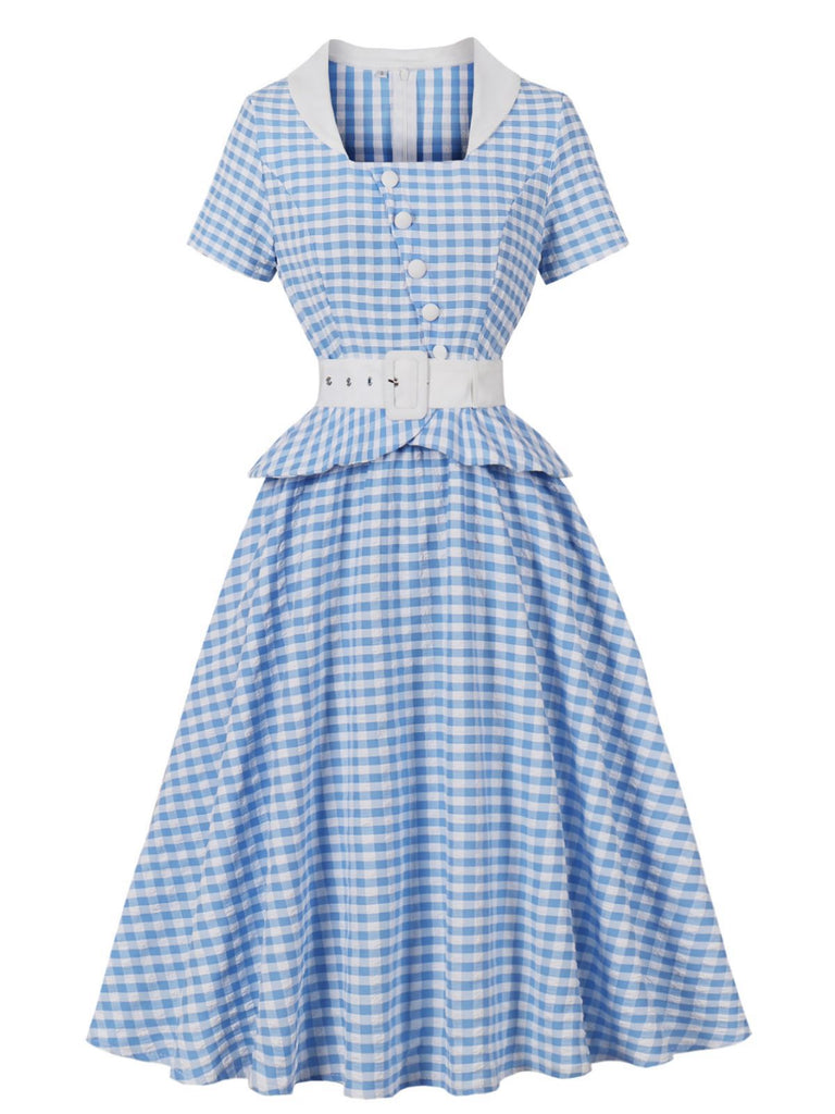 Blue 1950s Gingham Plaid Ruffle Swing Dress