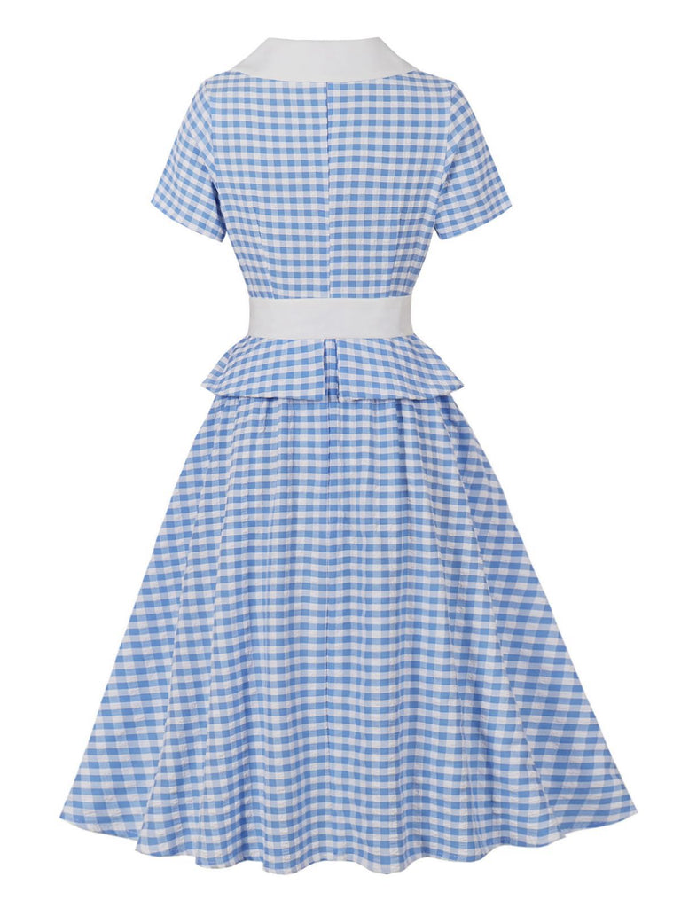 Blue 1950s Gingham Plaid Ruffle Swing Dress