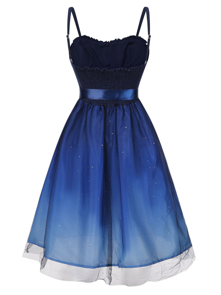 Blue 1950s Gradient Mesh Waist Smocked Dress, vintage dress, retro fashion, rockabilly, pin-up fashion - perfect for women who love vintage and retro fashion