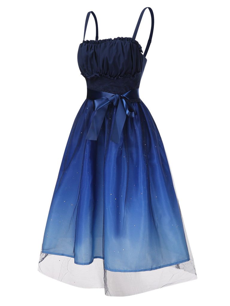 Blue 1950s Gradient Mesh Waist Smocked Dress, vintage dress, retro fashion, rockabilly, pin-up fashion - perfect for women who love vintage and retro fashion