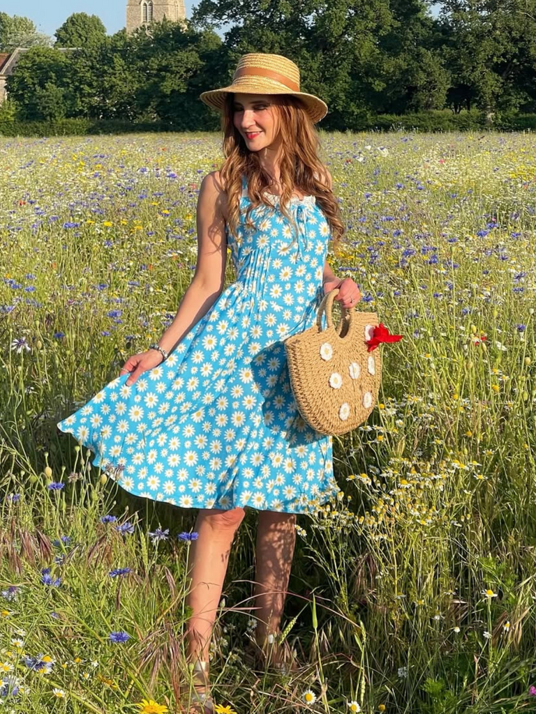 Blue 1950s Halter Lace Daisy Dress - vintage dress, retro fashion, rockabilly