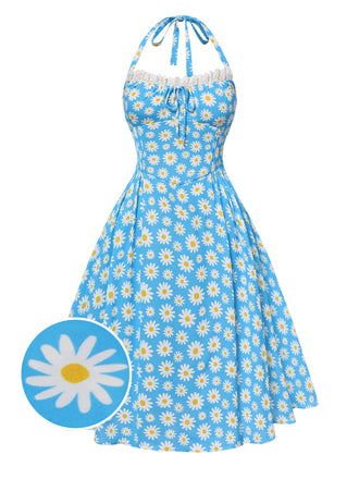 She slips into this Blue 1950s Halter Lace Daisy Dress and suddenly it's a 1950s daydream