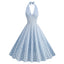 She slips into this Blue 1950s Halter Plaid Swing Dress and suddenly it's a 1950s daydream