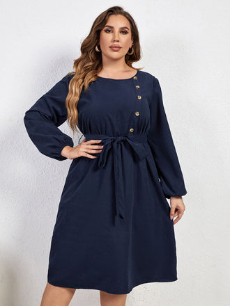 She slips into this Blue 1950s High-Waist Lantern Sleeve Belted Dress and suddenly it's a 1950s daydream