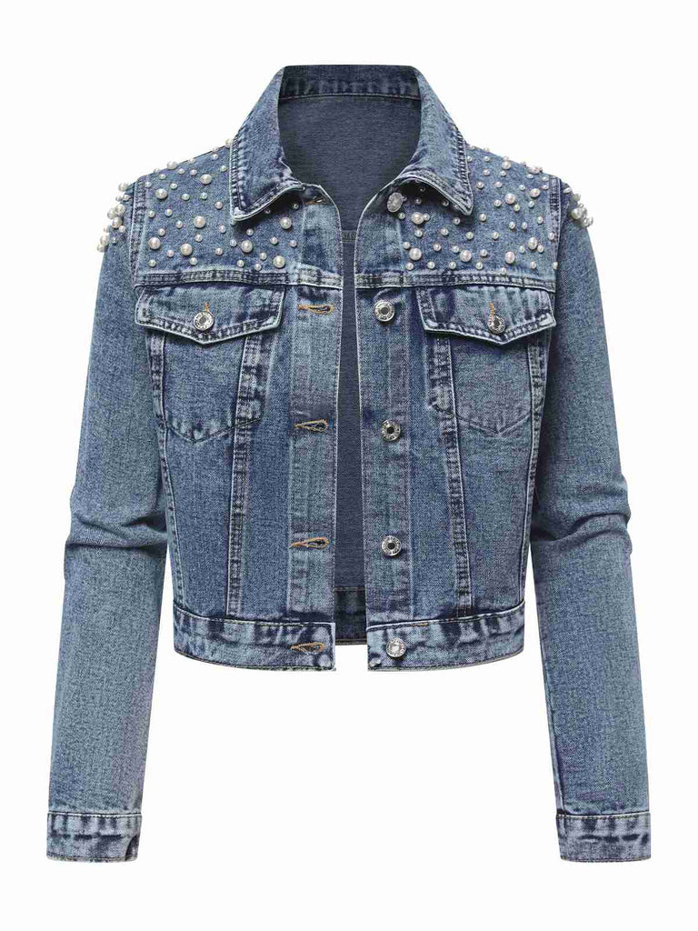 Blue 1950s Lapel Pearls Denim Short Coat - vintage fashion, retro style