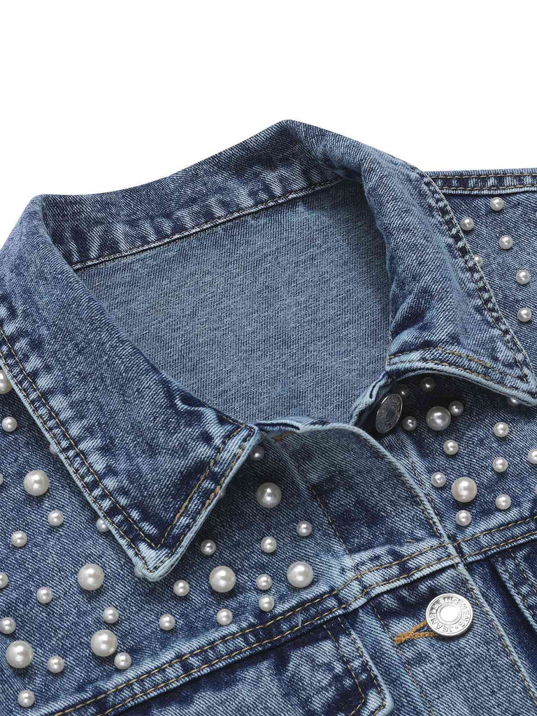 1950s Lapel Pearls Denim Short | 1950s | vintage outerwear, retro jacket