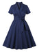 She slips into this Blue 1950s Lapel Waist-Tie Cotton Dress and suddenly it's a 1950s daydream