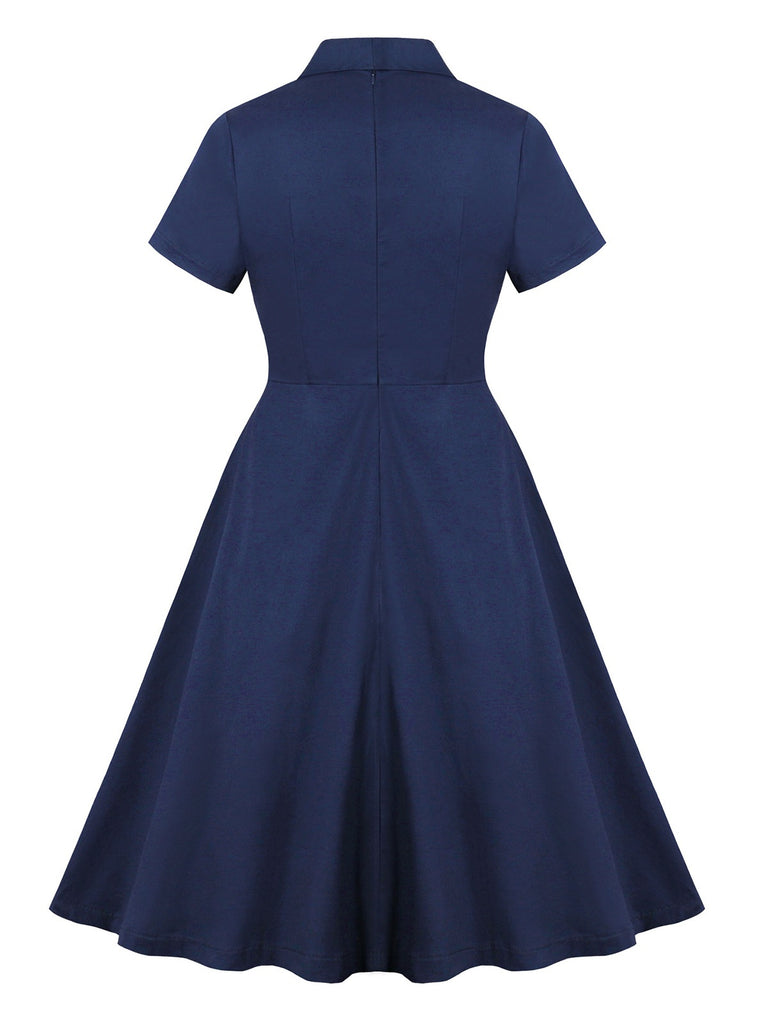 Blue 1950s Lapel Waist-Tie Cotton Dress: where 1950s romance meets her modern spirit