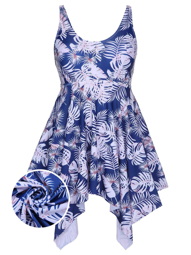[Plus Size] Blue 1950s Leaves Spaghetti Strap Swimsuit, vintage swimsuit, pin-up swimwear - perfect for women who love vintage and retro fashion