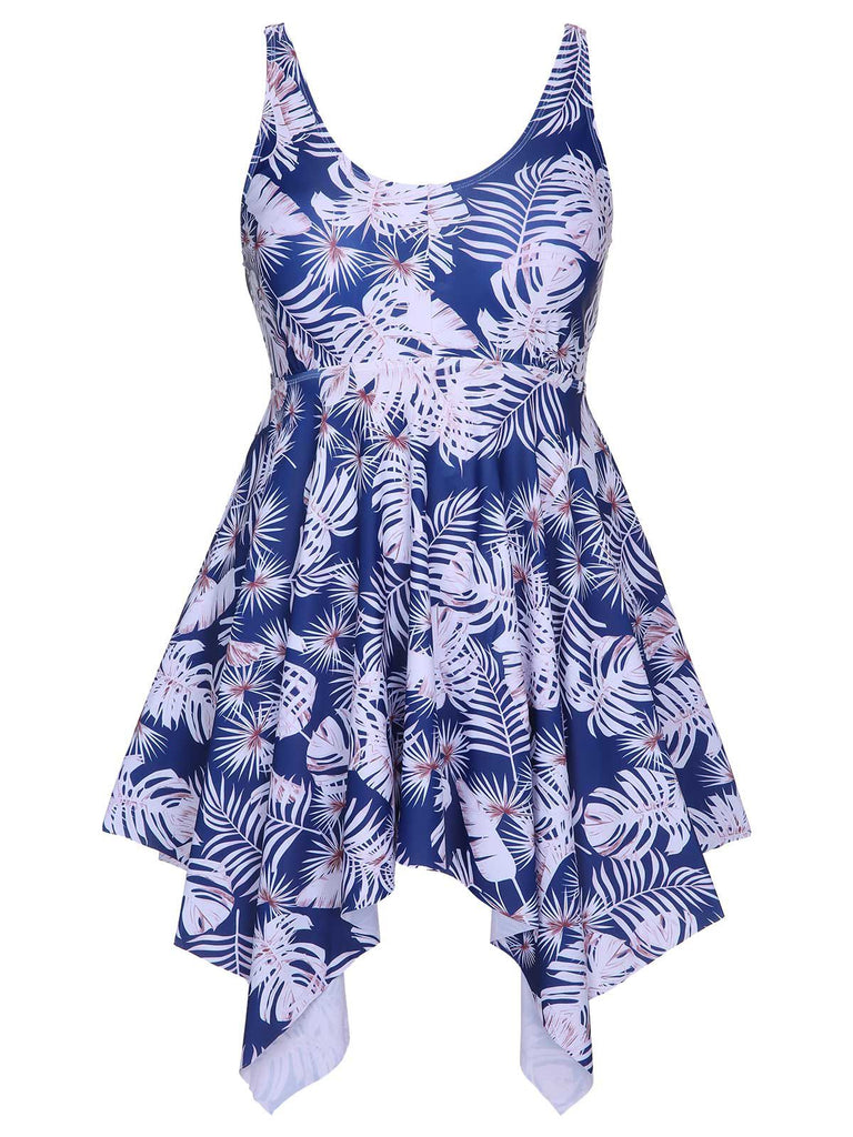 [Plus Size] Blue 1950s Leaves Spaghetti Strap Swimsuit, vintage swimsuit, pin-up swimwear - perfect for women who love vintage and retro fashion
