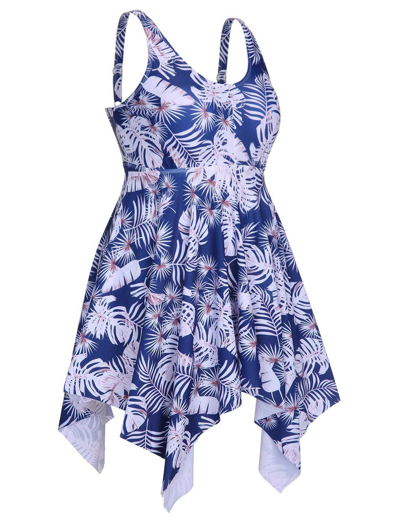 [Plus Size] Blue 1950s Leaves Spaghetti Strap Swimsuit, vintage swimsuit, pin-up swimwear - perfect for women who love vintage and retro fashion