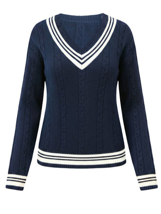 Blue 1950s Nautical Knit V-Neck Striped Sweater - vintage fashion, retro style