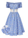 Blue 1950s Off-Shoulder Plaids Daisy Lace-Up Dress - vintage dress, retro fashion, rockabilly