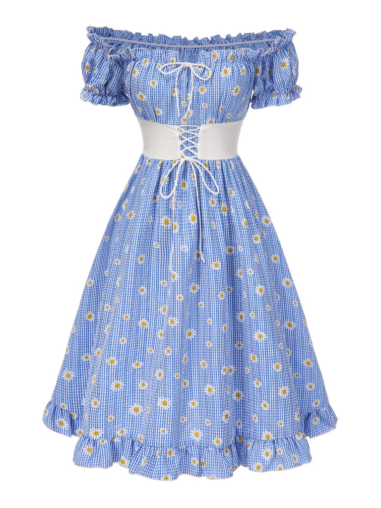 Blue 1950s Off-Shoulder Plaids Daisy Lace-Up Dress - vintage dress, retro fashion, rockabilly