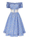Blue 1950s Off-Shoulder Plaids Daisy Lace-Up Dress - vintage dress, retro fashion, rockabilly