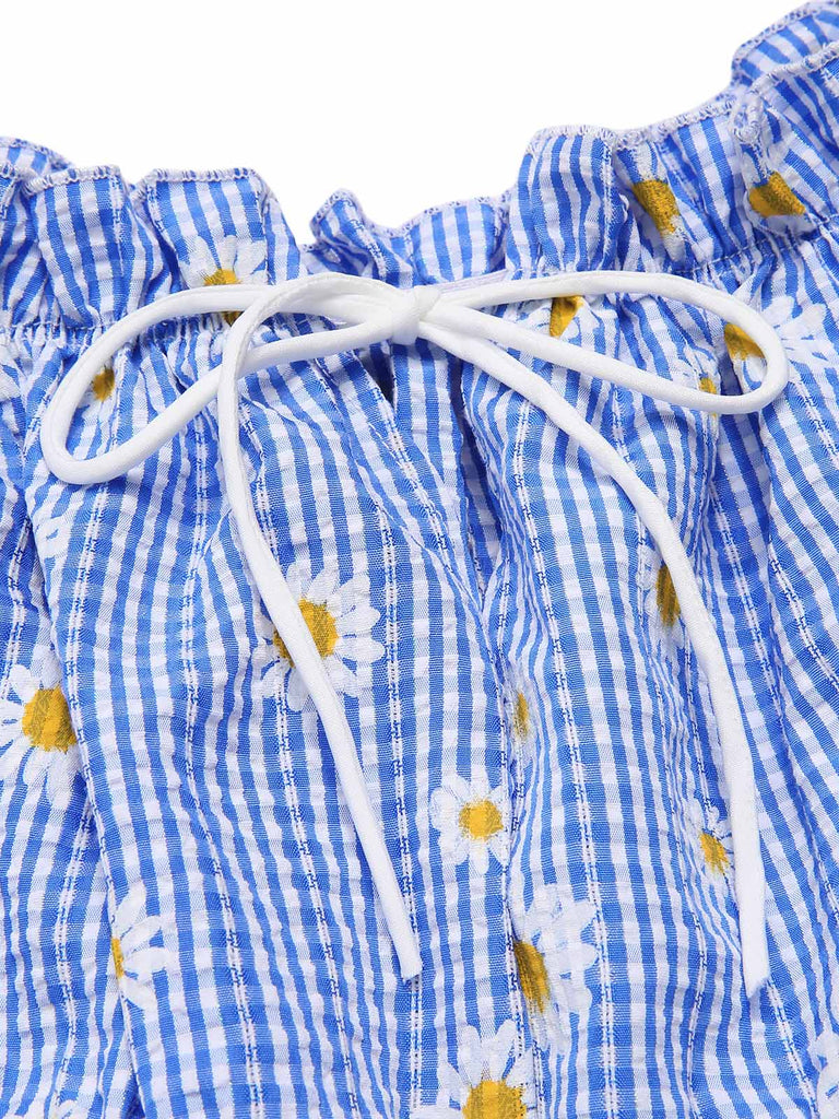 Blue 1950s Off-Shoulder Plaids Daisy Lace-Up Dress - vintage dress, retro fashion, rockabilly