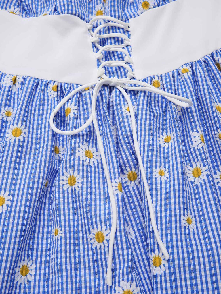 Blue 1950s Off-Shoulder Plaids Daisy Lace-Up Dress - vintage dress, retro fashion, rockabilly