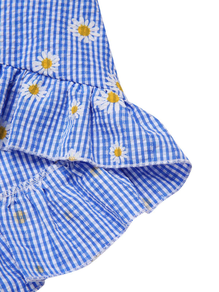 Blue 1950s Off-Shoulder Plaids Daisy Lace-Up Dress - vintage dress, retro fashion, rockabilly
