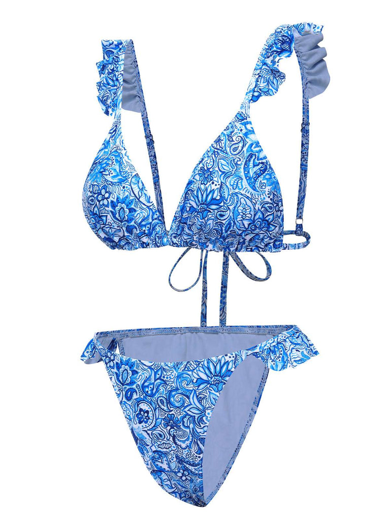 Blue 1950s Paisley Print Ruffle Trim Triangle Bikini Swimsuit, vintage swimsuit, pin-up swimwear - perfect for women who love vintage and retro fashion