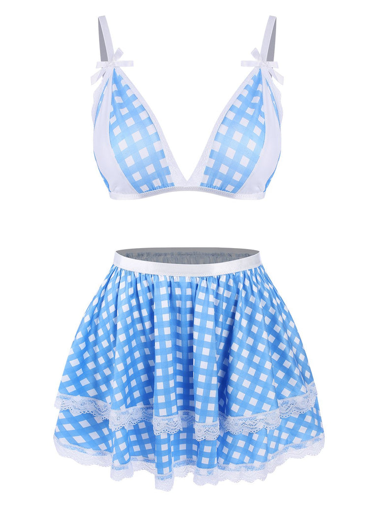 She finds her 1950s story in this Blue 1950s Pin Check Straps Pajama