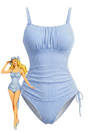 Blue 1950s Pinstripe Ruched Drawstring Tankini Set - vintage fashion, retro style