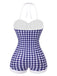 Blue 1950s Plaid Floral Swimsuit, vintage swimsuit, pin-up swimwear - perfect for women who love vintage and retro fashion