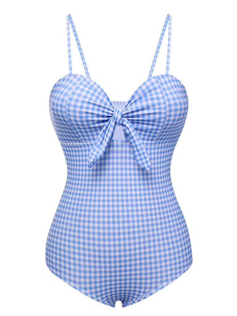 Blue 1950s Plaid Knot Strap Swimsuit, vintage swimsuit, pin-up swimwear - perfect for women who love vintage and retro fashion