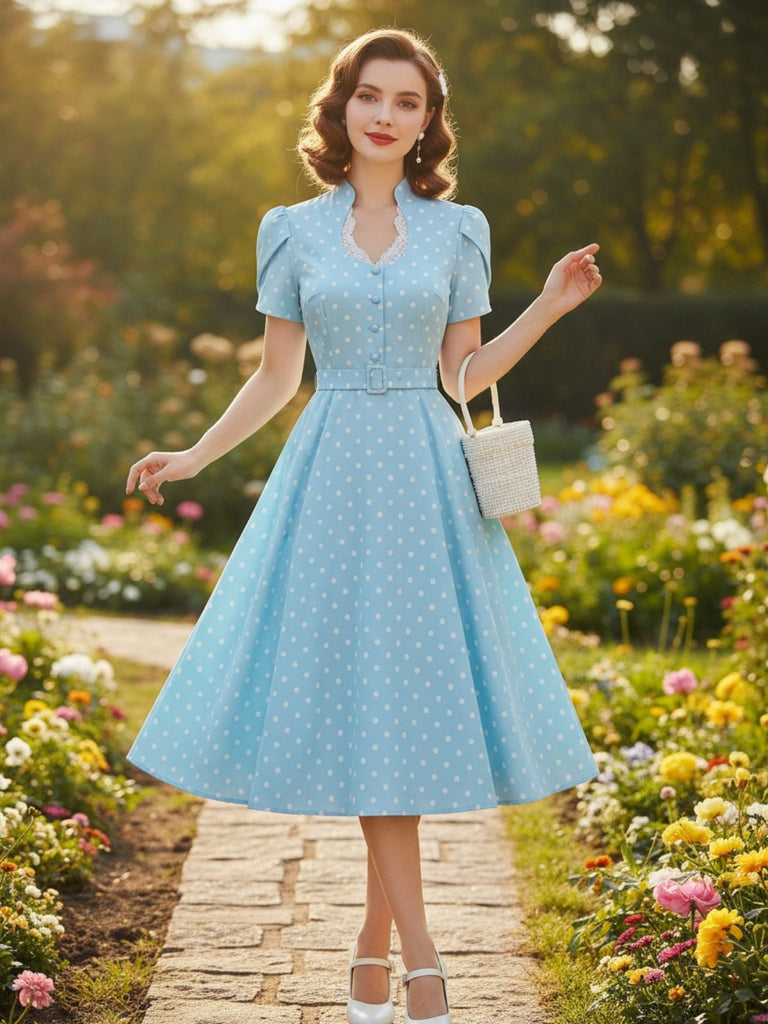 Blue 1950s Polka Dot Keyhole Tulip Sleeve Belted Dress, vintage dress, retro fashion, rockabilly, pin-up fashion - perfect for women who love vintage and retro fashion