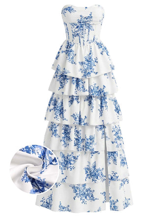 Blue 1950s Print Long Swing Dress - vintage dress, retro fashion, rockabilly