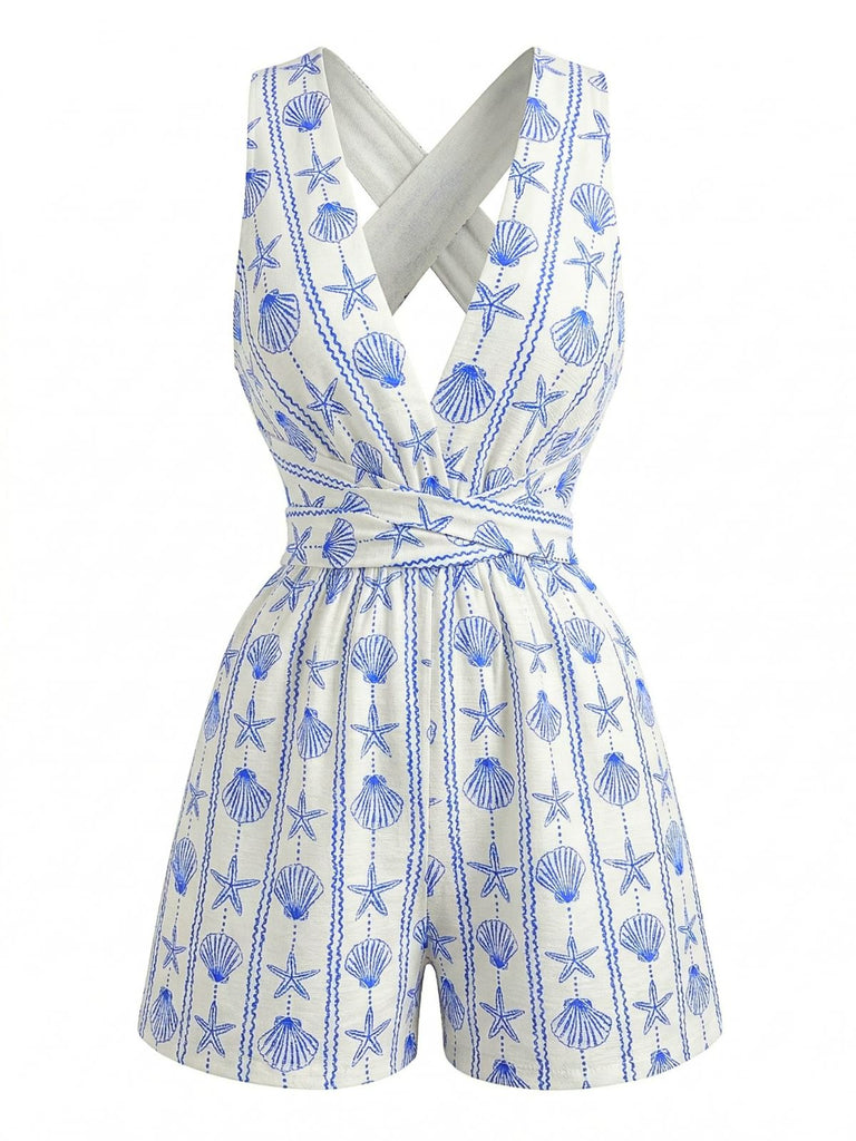 Light Blue 1950s Ocean Print Halter Romper 2