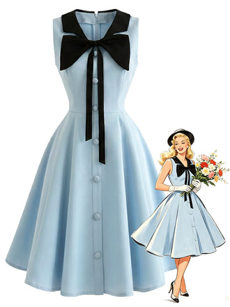 Blue 1950s Sleeveless Bow Tie Collar Dress with Pockets, vintage dress, retro fashion, rockabilly, pin-up fashion - vintage inspired fashion