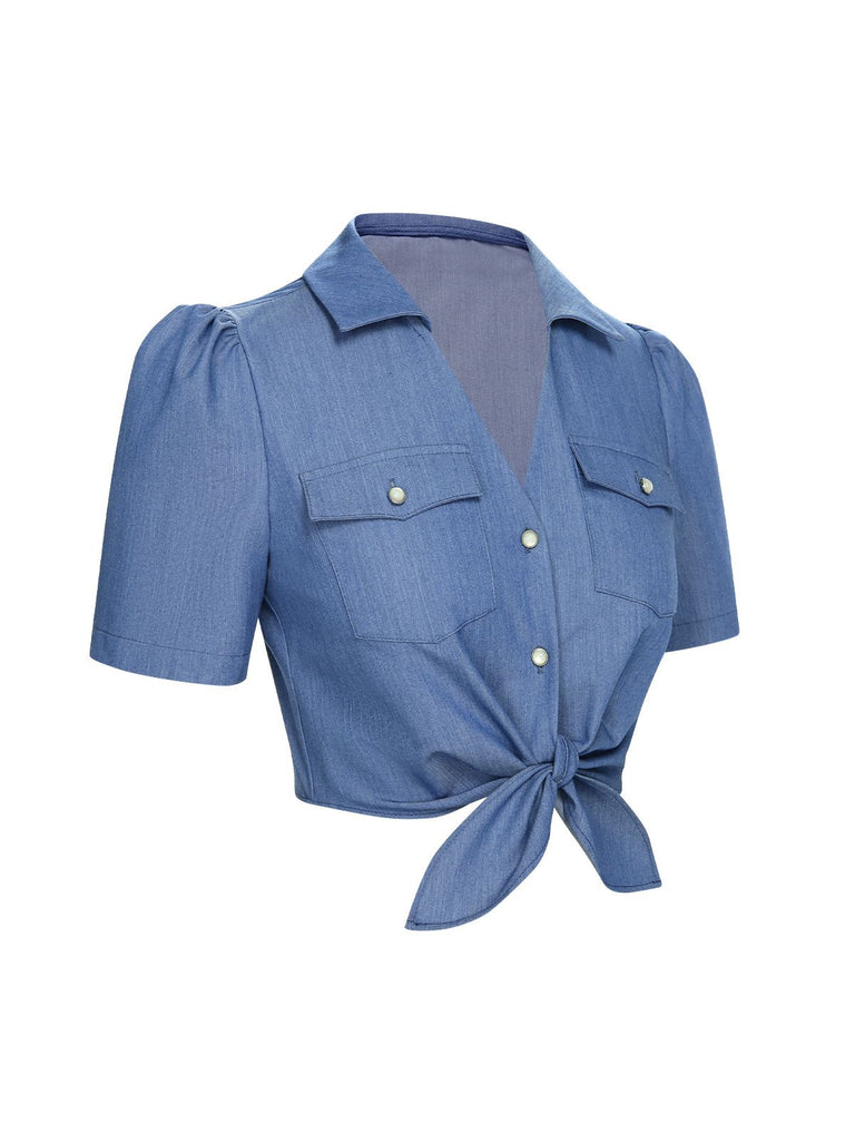 Blue 1950s Solid Waist Tie Lapel Blouse, vintage top, retro blouse - perfect for women who love vintage and retro fashion
