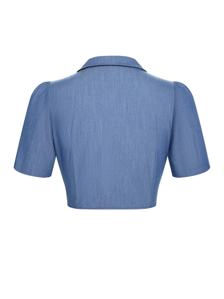 Blue 1950s Solid Waist Tie Lapel Blouse, vintage top, retro blouse - perfect for women who love vintage and retro fashion
