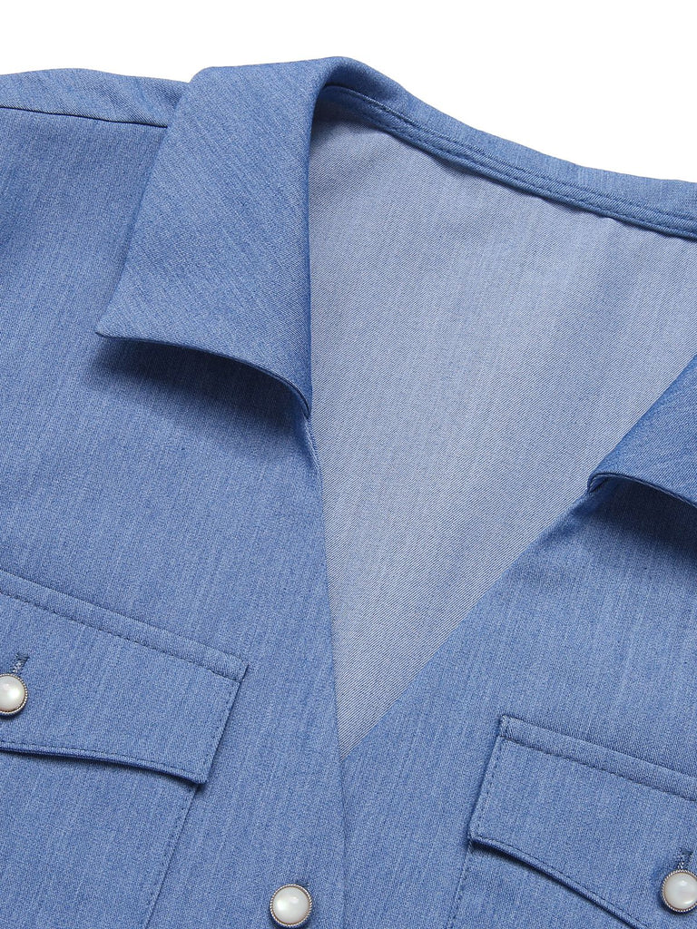 Blue 1950s Solid Waist Tie Lapel Blouse, vintage top, retro blouse - perfect for women who love vintage and retro fashion