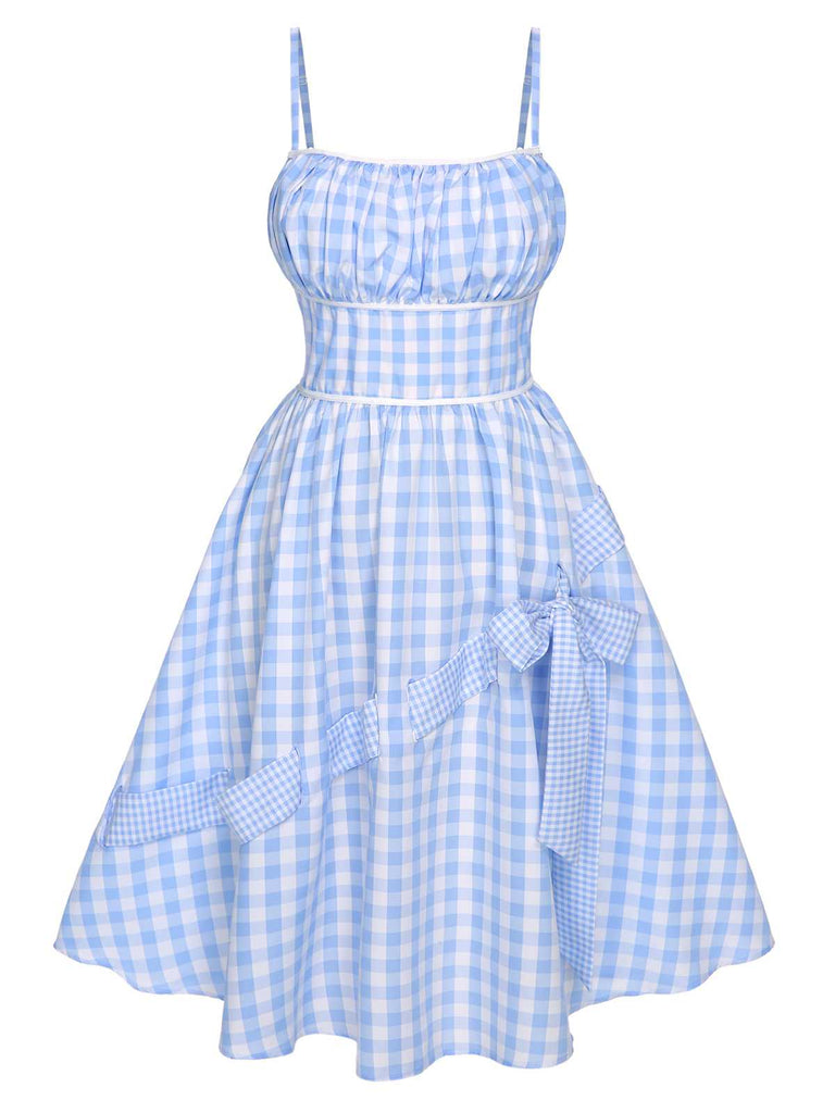 Retro Stage Gingham Dress Spaghetti Strap Plaid Bow Deco Dress Blue Retro Stage Gingham Dress Spaghetti Strap Plaid Bow Deco Dress Blue