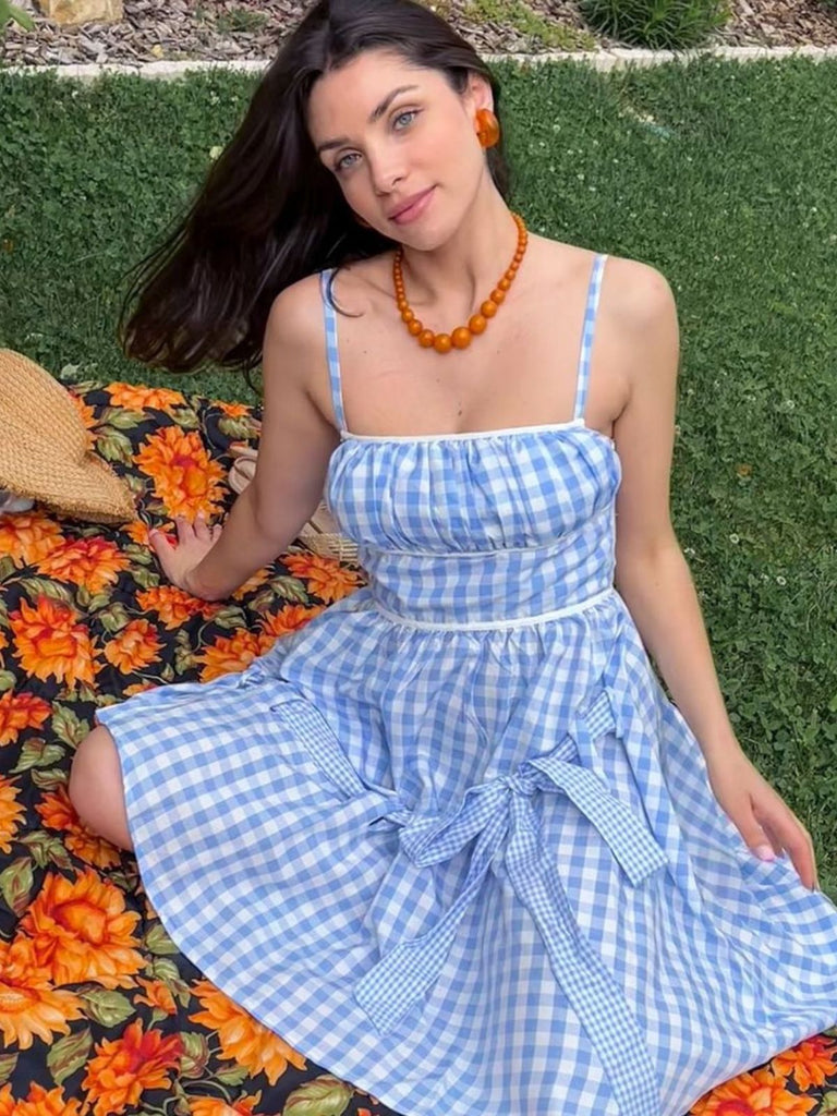 strapless open back dress Blue 1950s Spaghetti Strap Plaids Bow Decor Dress