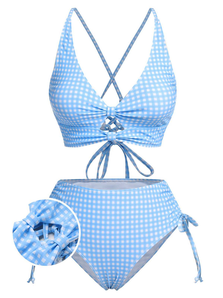 She's wearing Blue 1950s Spaghetti Strap Plaids Swimsuit and the whole beach remembers the 1950s