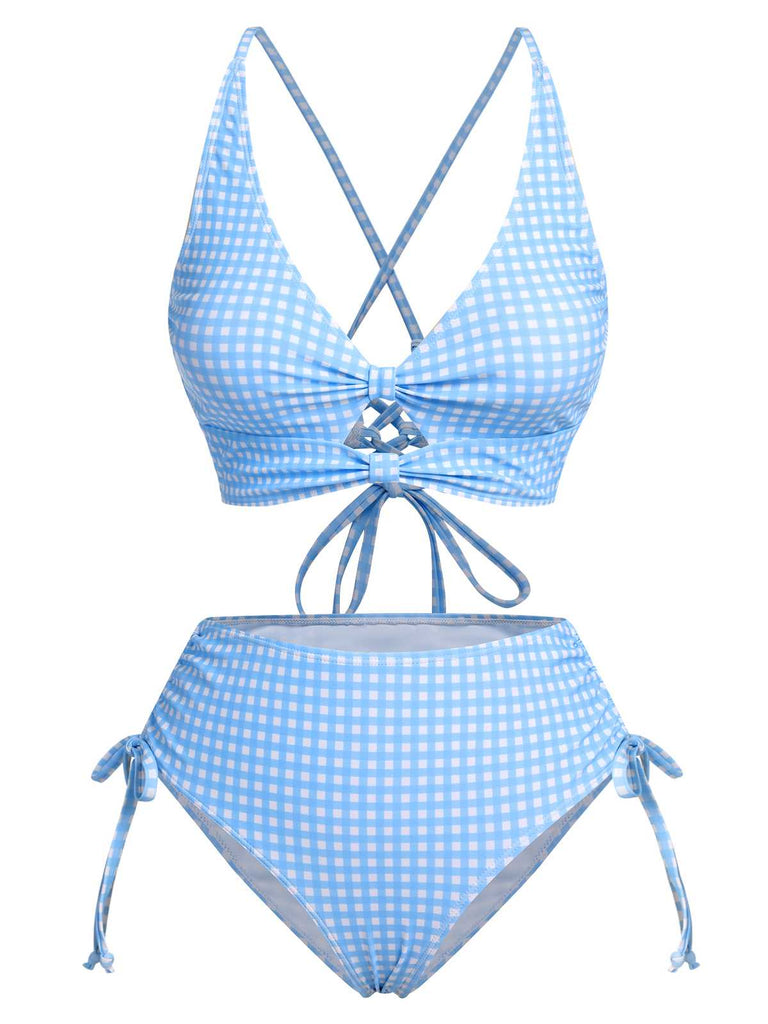 Blue 1950s Spaghetti Strap Plaids Swimsuit: 1950s Riviera elegance, reimagined for her