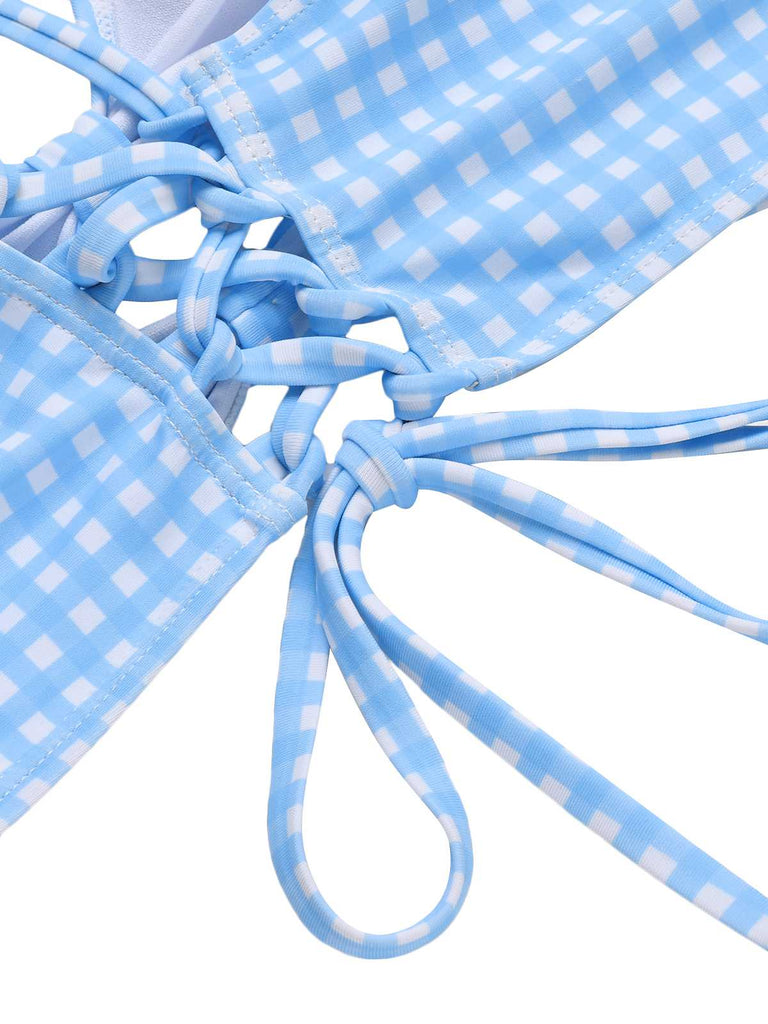 She's wearing Blue 1950s Spaghetti Strap Plaids Swimsuit and the whole beach remembers the 1950s